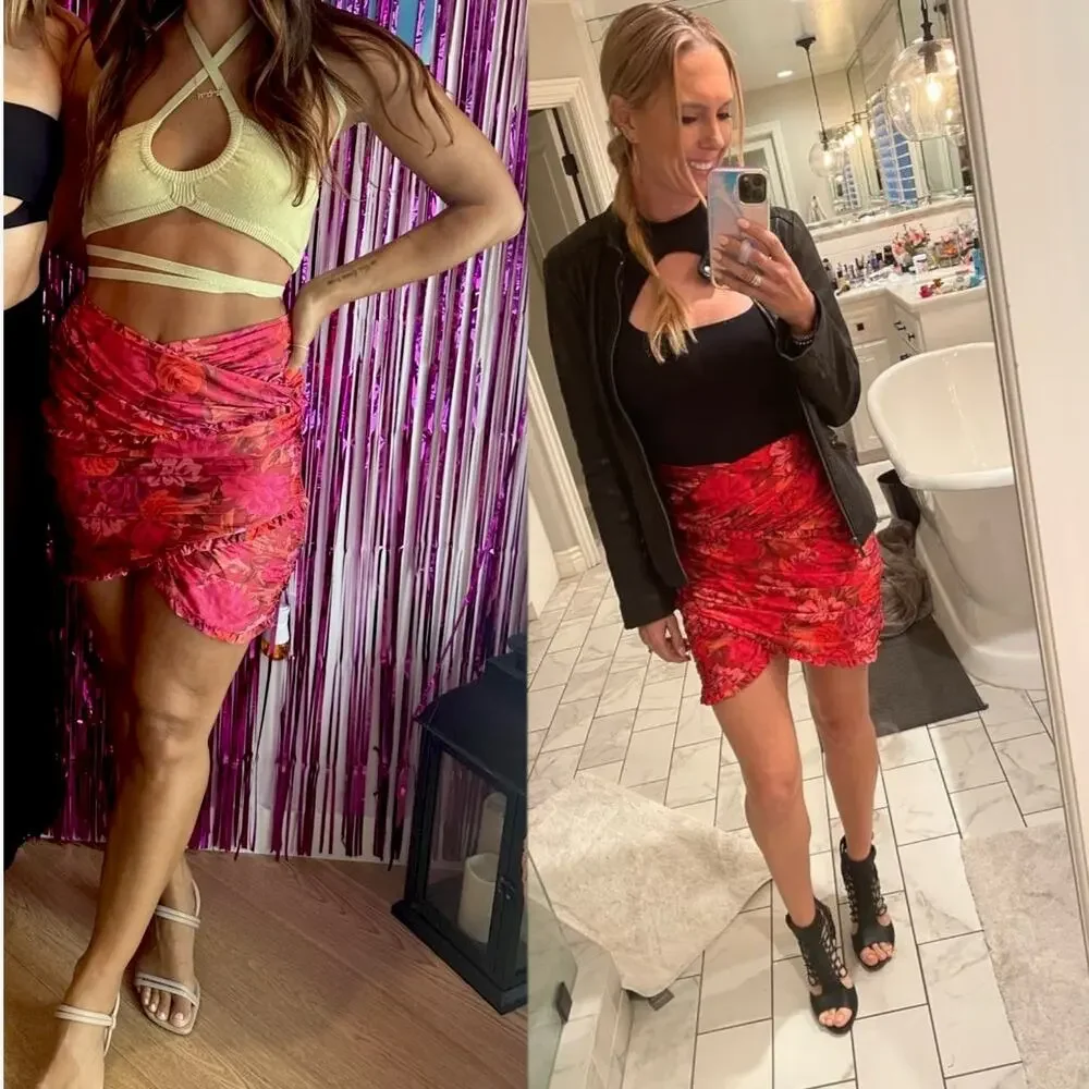 FOR LOVE & LEMONS Alia Floral Satin Mini Skirt Red Ruched Ruffle Festival Club